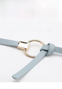 Detailansicht hellblauer Ledergürtel mit runder goldener Schnalle für Kleider