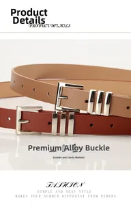 Detailed view of women's leather belt featuring a silver rectangular alloy pin buckle