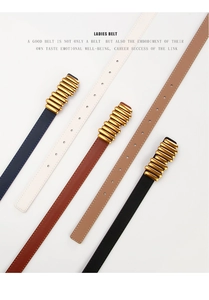 Dettaglio di cinque cinture sottili in pelle da donna con eleganti fibbie in metallo oro