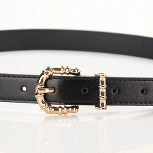 Elegant thin black leather belt for women with unique golden bamboo buckle design