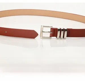 Close-up of a stylish reddish brown leather belt with silver pin buckle and metal loops
