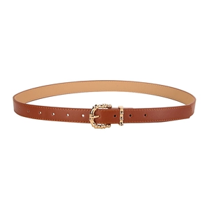 Brown faux leather skinny belt for women with golden bamboo style metal buckle