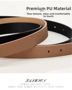 Detailed view of black and camel PU leather belts with fine litchi texture and adjustment holes