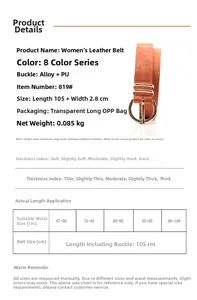Detailed size chart and specifications for women's PU leather belt with alloy buckle