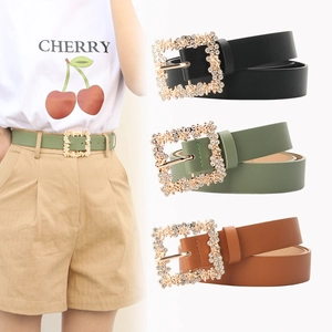 Elegant Women PU Leather Belt With Sparkling Rhinestone Inlaid Square Pin Buckle Decorative Versatile Waistband For Dress