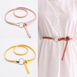 Damen Schmaler Kunstleder Gürtel Goldene Runde Ringschnalle Dünner Taillenriemen Knoten Design Vielseitiges Modisches Accessoire