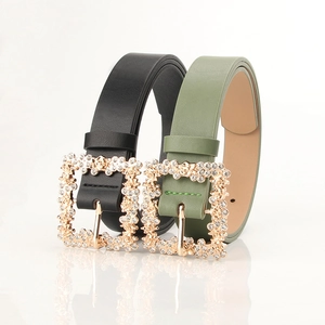 Elegant thin leather belts for women with oversized rhinestone inlaid square buckles