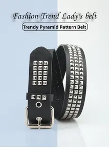 Detail of black leather belt with three rows of silver pyramid studs and punk style metal buckle