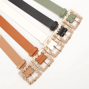Elegant thin PU leather belts for women with rhinestone-encrusted buckles in five colors