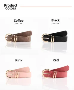 Women's minimalist leather belts in coffee, black, pink, and red with gold buckles