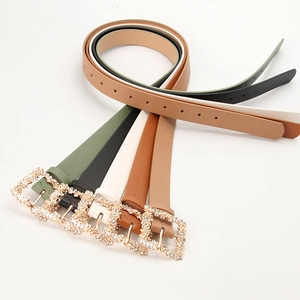 Elegant women's PU leather belt set with rhinestone square buckles in five stylish colors