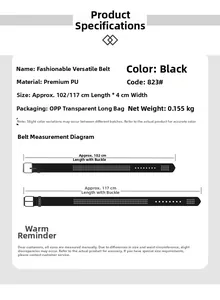 Detailed size specification chart for black PU leather pyramid belt with metal buckle