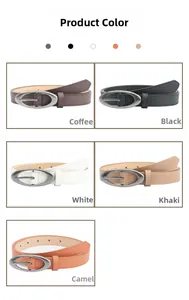 Detailed view of women thin belts in five colors with oval alloy buckles on white background