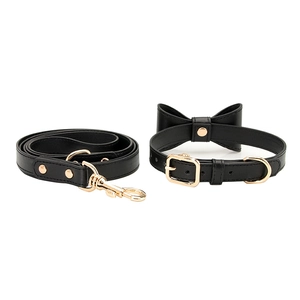 Adjustable black PU leather pet collar and leash set with bowknot and gold metal hardware