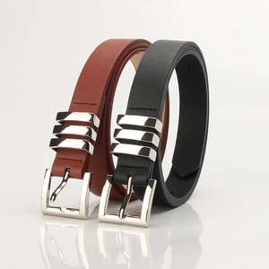 Women fashion slim leather belts in black and brown with silver buckle and metal rings