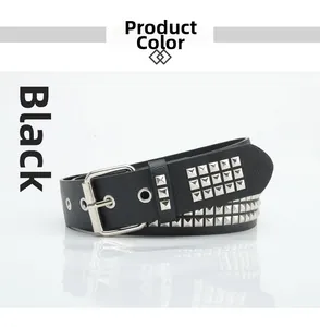 Detail of black punk leather belt featuring three rows of square silver metal studs