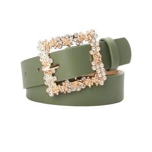 Elegant green PU leather belt for women featuring a gold rhinestone-studded floral buckle