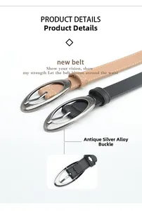 Close-up of oval silver alloy buckle and stitching on black and khaki slim belts