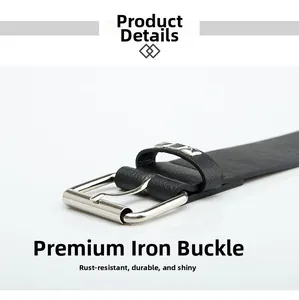 Detail view of black leather belt featuring silver square studs and durable iron pin buckle