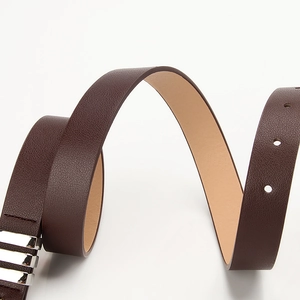 Deep coffee leather belt for women featuring fine pebble grain and silver metal buckle