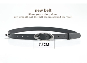 Detail of 2cm black leather belt with 7.5cm oval silver buckle and sizing guide
