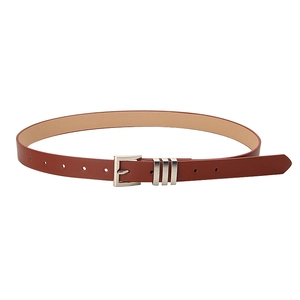 Classic brownish red slim waist belt with silver metal square buckle and loops