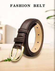 Detailed view of brown leather belt featuring a golden oval alloy buckle on wood surface