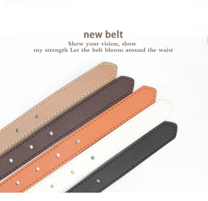 Detail of five slim leather belts in varied colors with white contrast stitching and punch holes