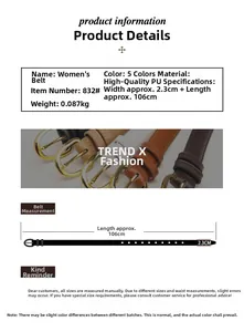 Size chart for women's 2.3cm PU leather belt showing measurements and 5 color options