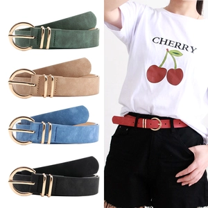 Women's Retro Simple Artificial Leather Belt Gold Round Alloy Buckle Versatile Frosted PU Waistband For Jeans Dresses Ladies
