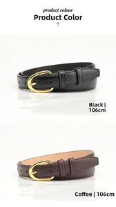 Detail view of black and coffee leather belts with golden oval buckles and 106cm length