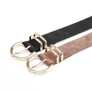 Classic black and tan leather belts with round gold buckles for women's casual outfits