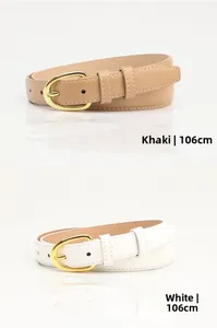 Detail view of 106cm khaki and white leather belts with golden oval buckles