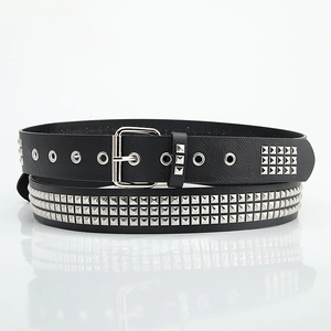 Punk black leather belt with three rows of silver pyramid studs and square buckle