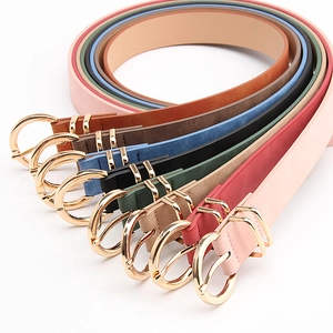 Minimalist women's leather belt set with round gold buckles in eight stylish colors
