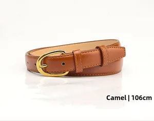 Detail of camel fine leather belt featuring a golden oval buckle and 106cm length