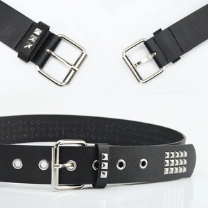 Vintage punk black leather belt with silver pyramid studs and square buckle for jeans