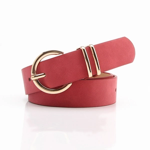 Elegant dark red leather belt for women featuring a gold round buckle and double metal loops