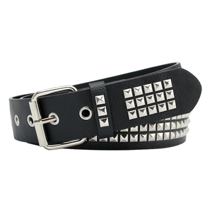 Punk style black leather belt with silver square pyramid studs and a metal pin buckle