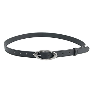 Minimalist black leather belt for women featuring a vintage oval alloy buckle and sleek band