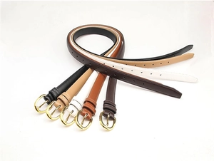 Five assorted colors of elegant women belts with golden oval buckles on white background