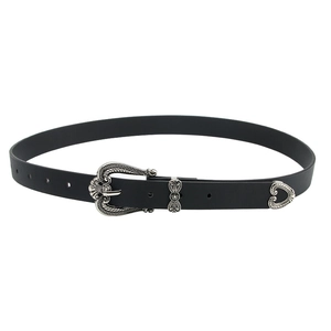Vintage western black leather belt for women with silver floral engraved buckle set