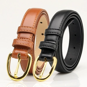 Women's Slim PU Leather Belt With Gold Oval Alloy Pin Buckle Minimalist Fashion Waistband For Jeans Coats Dress Accessory