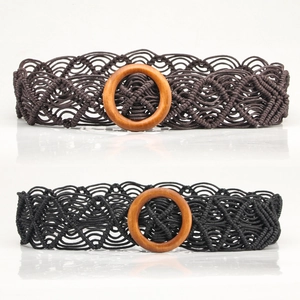 Ceinture de Taille Bohémienne Tissée à la Main en Corde de Cire pour Femmes Vintage Ajourée Avec Boucle Ronde en Bois Naturel