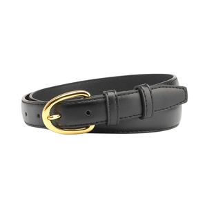 Minimalist black leather belt for women with elegant oval gold buckle and fine stitching