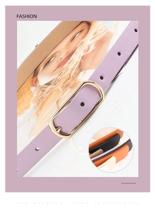 Détail d'une ceinture en cuir lavande pour femme avec boucle dorée et divers coloris