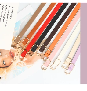 Détails de fines ceintures en similicuir colorées pour femmes avec boucle ovale dorée