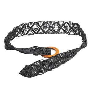 Ceinture tressée bohème en corde noire avec boucle ronde en bois pour les robes