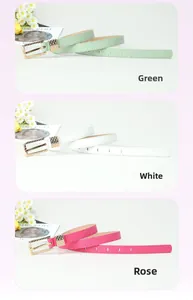Detailed view of women's thin belts in green, white, and rose with gold buckles