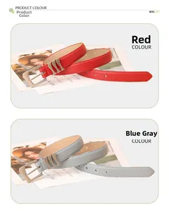 Détail de ceintures en cuir rouge et bleu-gris avec boucles argentées et passants